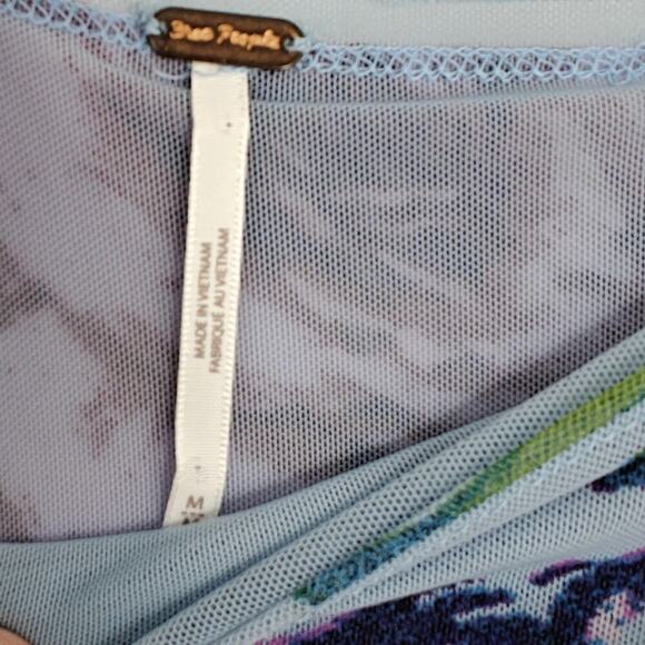 Free People Floral Carmel Mesh Midi Dress Size Medium Blue Stretch Side Slits - Picture 3 of 13